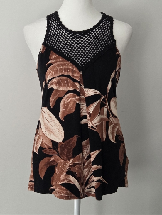 le chateau Tops - Sleeveless Black Tank Top with Brown Leaf Print and Crochet Yoke